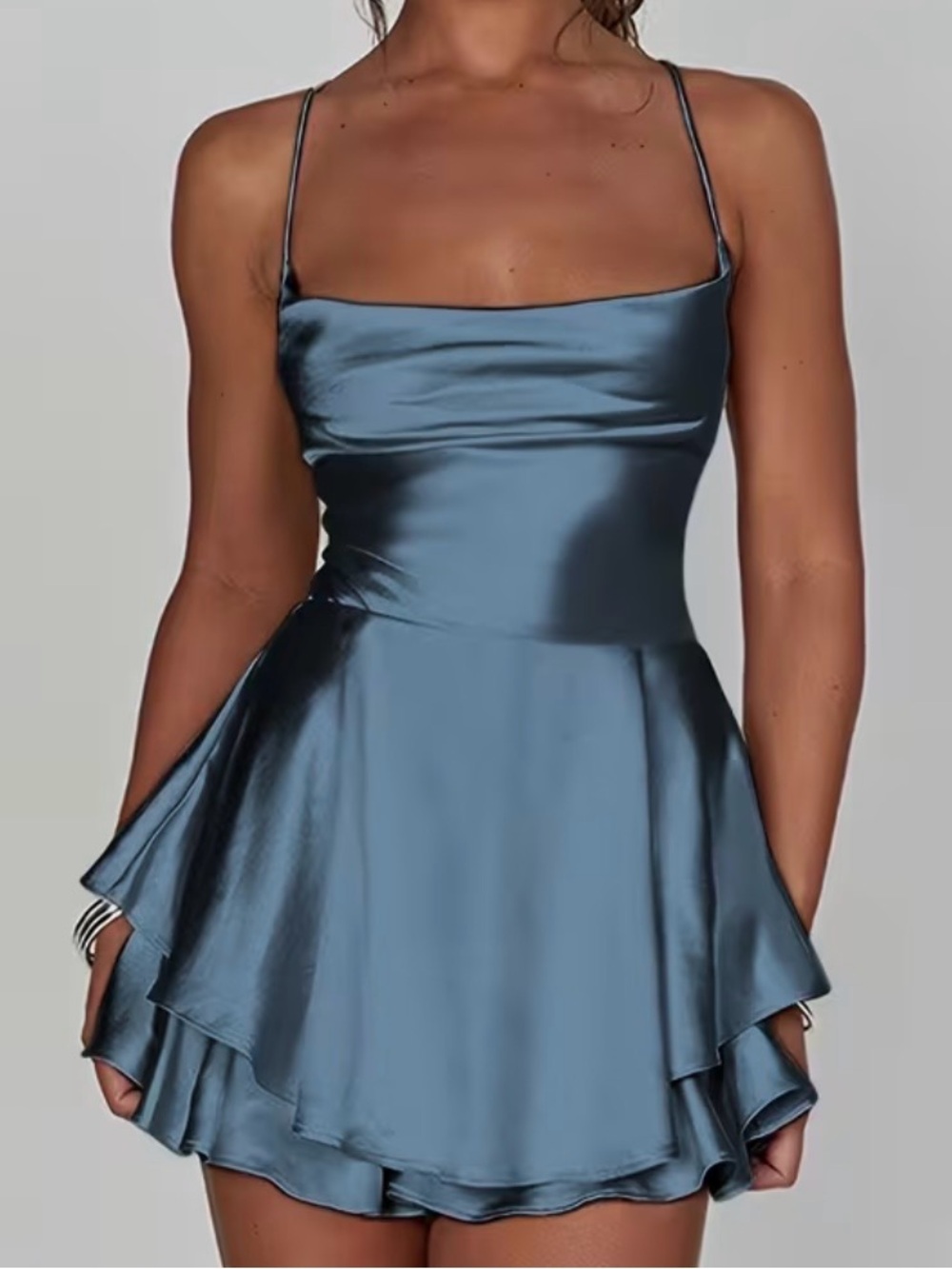 Blue Satin Spaghetti Strap Mini Dress
